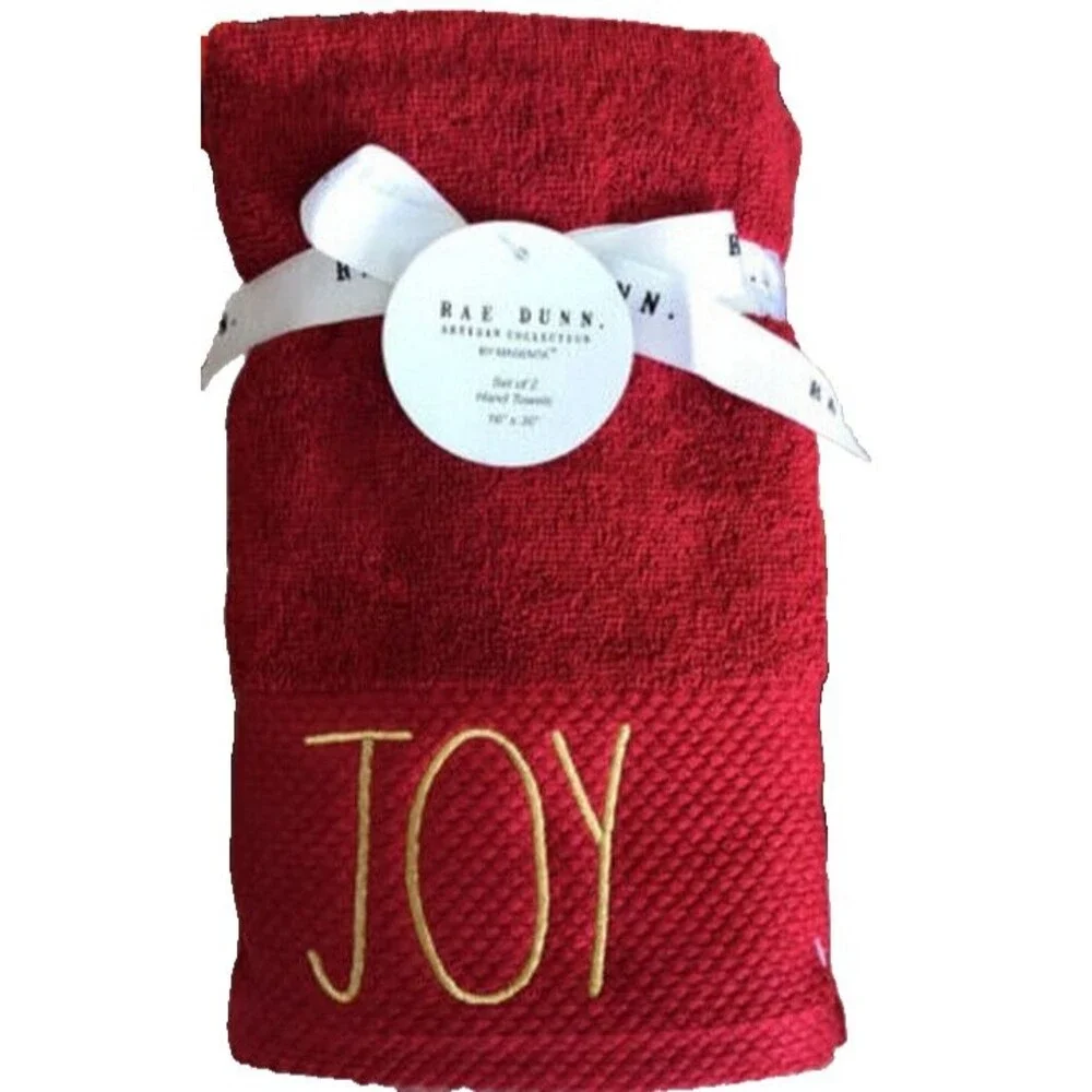 Rae Dunn Christmas Joy Hand Towels Set of 2 Guest Bath Red Gold Embroidered